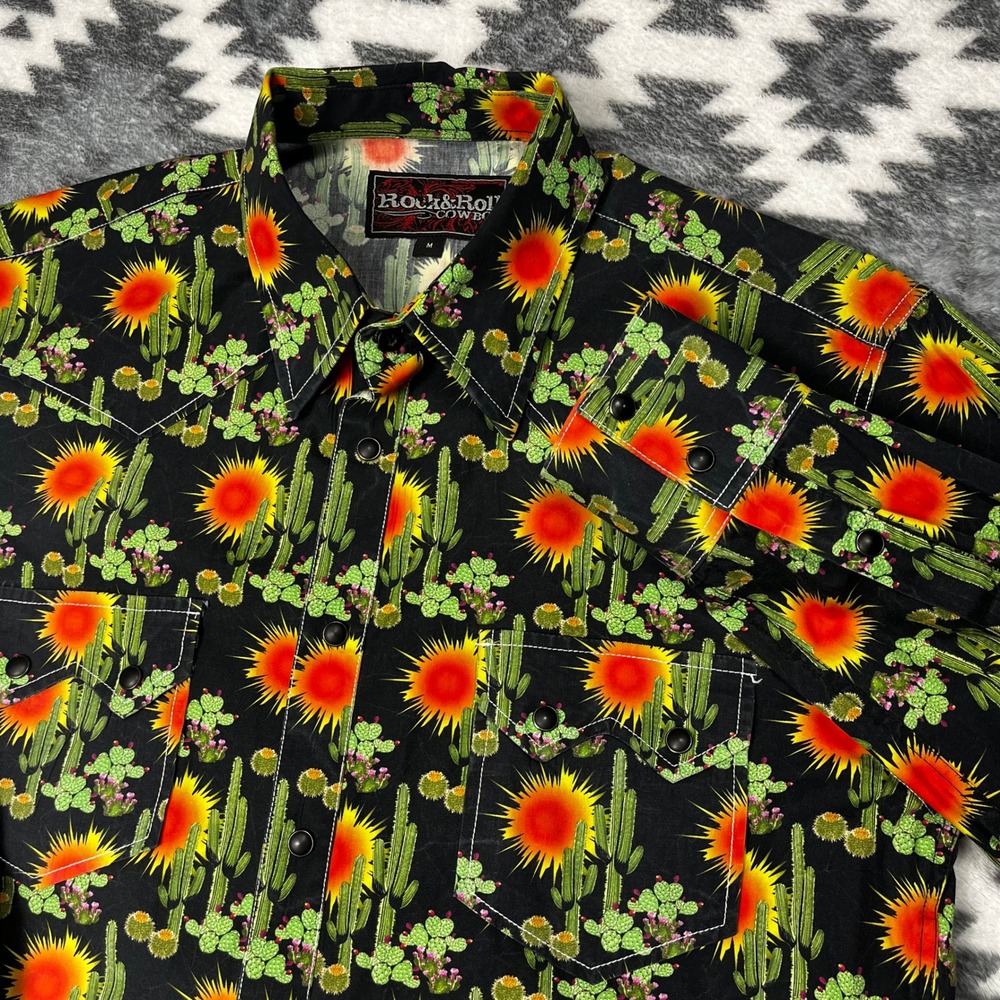 Rock and Roll Cowboy Pearl Snap Shirt Mens M Black Cactus Sunburst Western